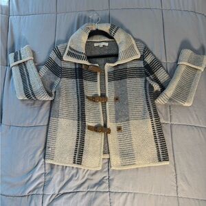 LOFT Black and  Blue and White Sweater. With brown leather decorative snaps